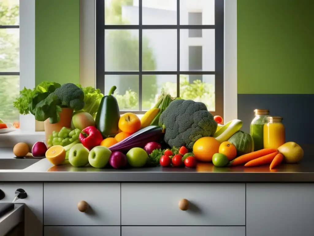 Una cocina moderna con una variedad colorida de frutas y verduras frescas, promoviendo la alimentación saludable para prevenir obesidad y diabetes.