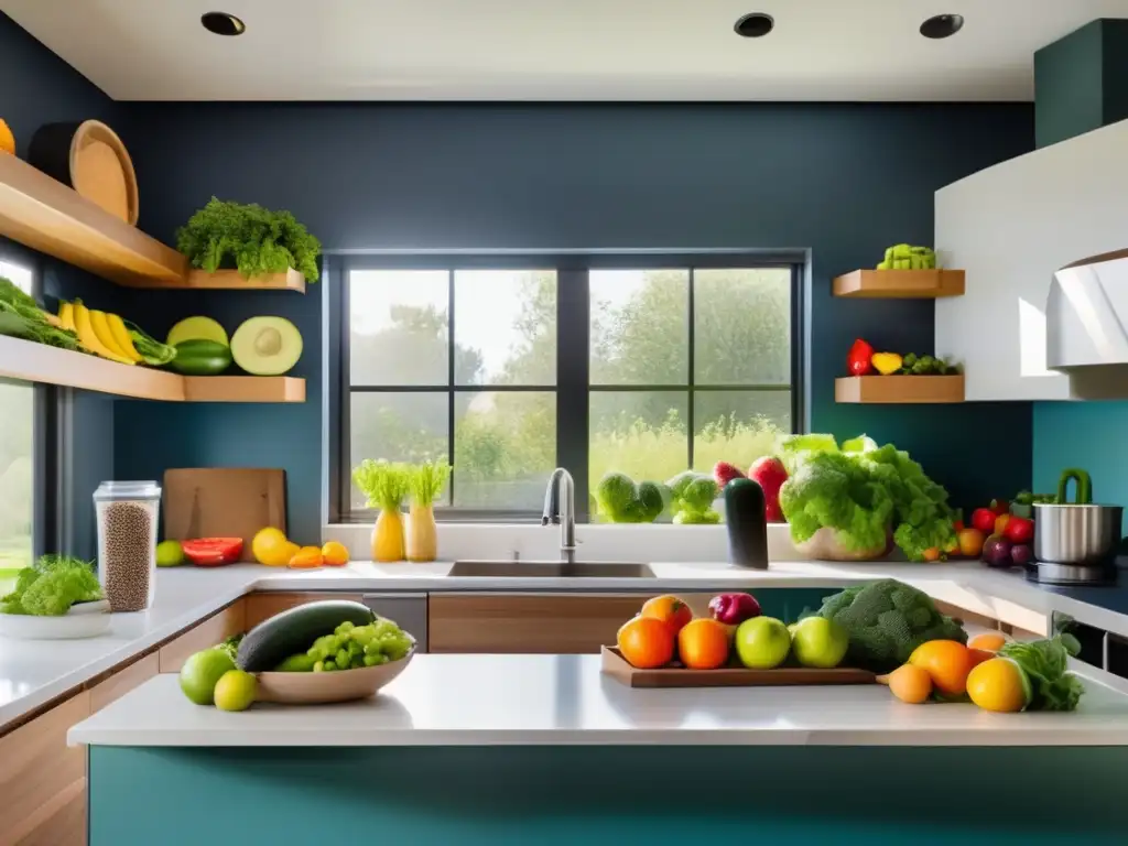Cocina vibrante y saludable con frutas y verduras frescas Una cocina moderna y vibrante llena de frutas y verduras coloridas, transmitiendo autoestima y nutrición saludable.