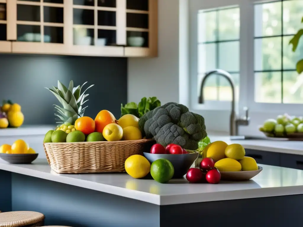Una cocina serena y moderna con frutas y verduras coloridas, una jarra de agua con limón y utensilios para una dieta especial para prevenir insuficiencia renal.