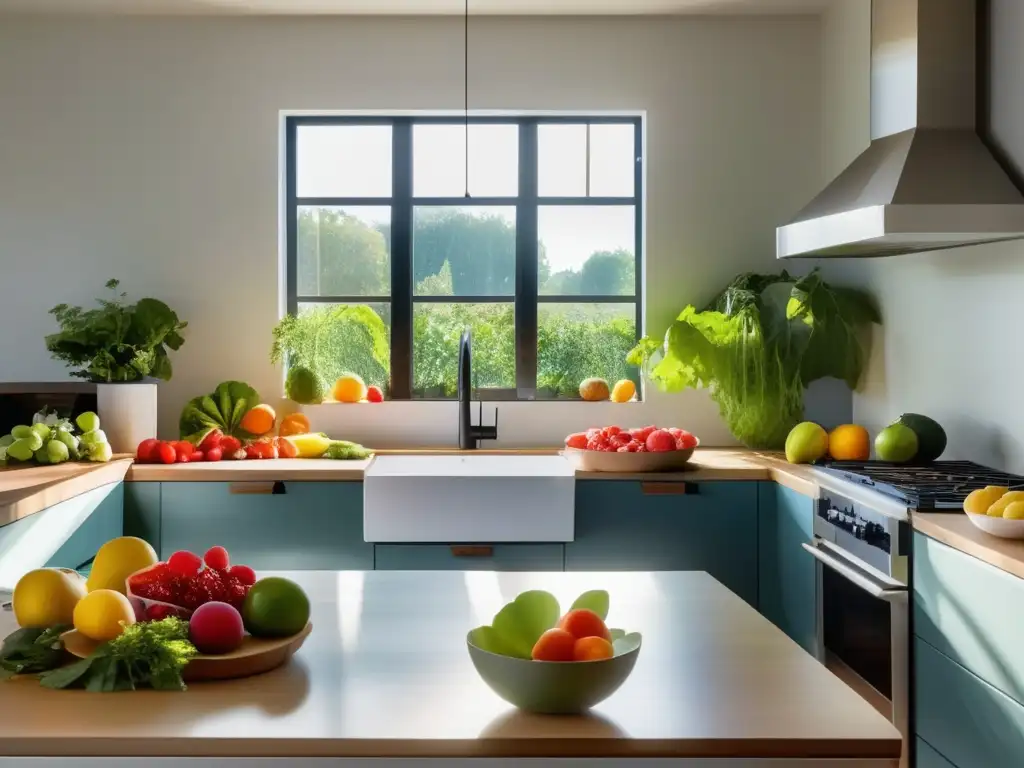Una cocina serena y moderna con frutas y verduras frescas y coloridas, promoviendo técnicas mindfulness trastornos alimentarios.