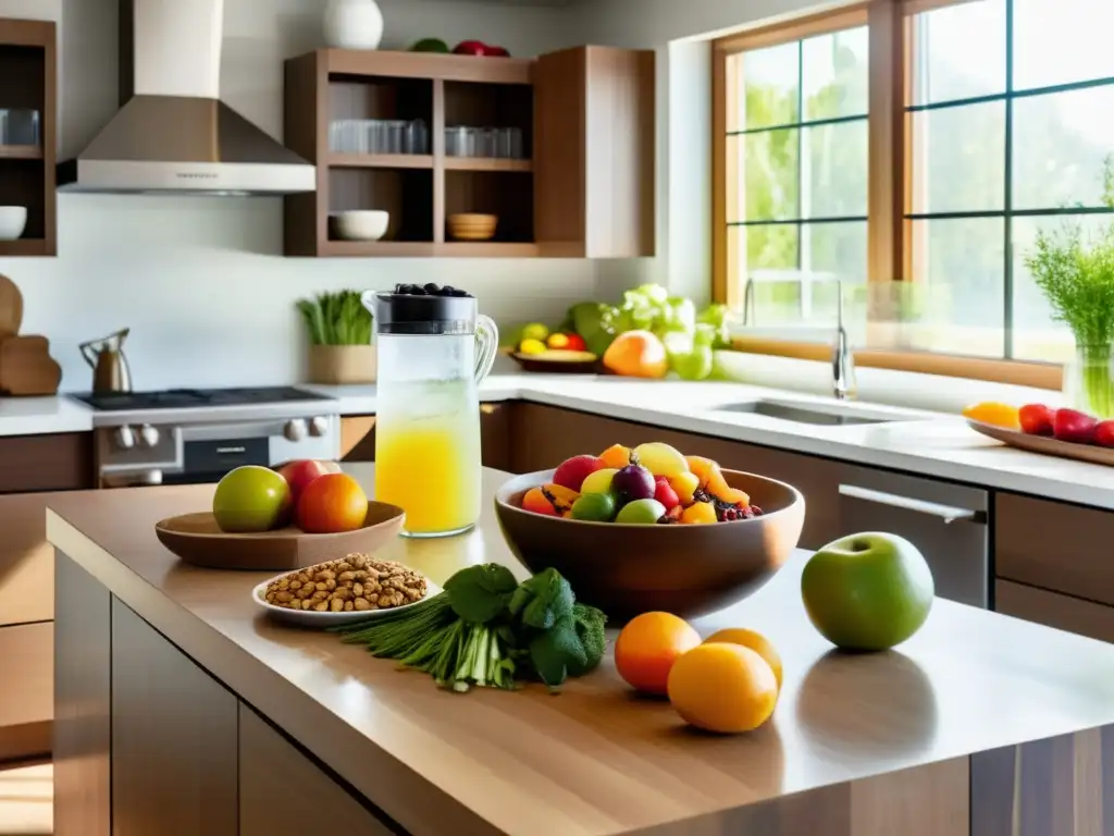 Una cocina serena y moderna con una gran mesa de madera llena de frutas, verduras y granos. <b>La luz del sol ilumina los alimentos.</b> <b>Una jarra de agua infusionada y un plato de frutos secos complementan la escena.</b> <b>Equilibrio emocional a través alimentación.