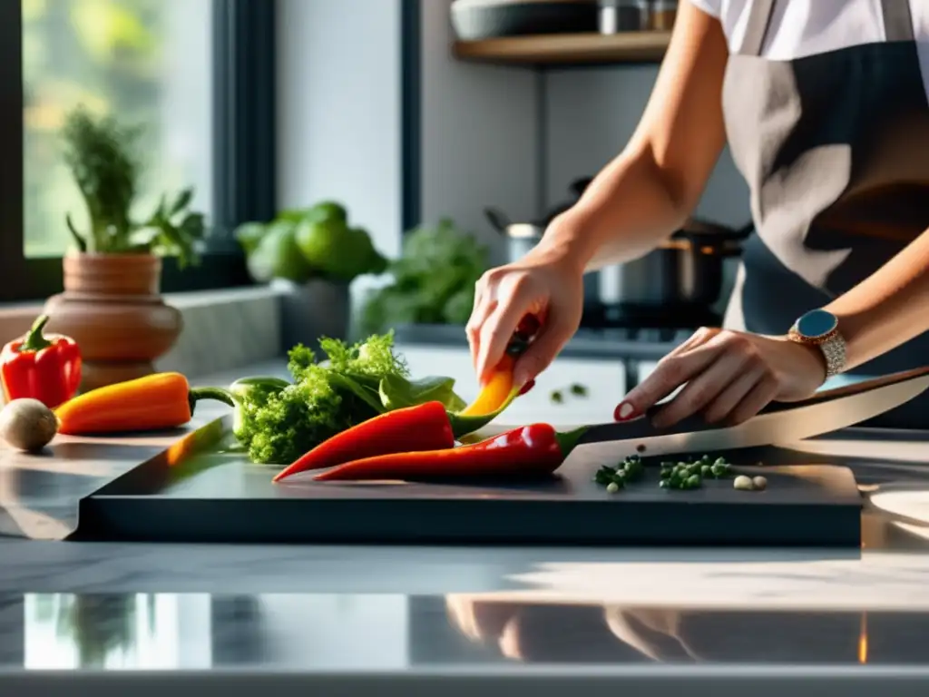 Una cocina vibrante llena de vegetales frescos, hierbas y especias sobre una encimera de mármol. <b>La luz del sol ilumina la escena, donde un chef corta cuidadosamente un pimiento rojo.</b> La atmósfera irradia salud, vitalidad y atención plena, capturando perfectamente la