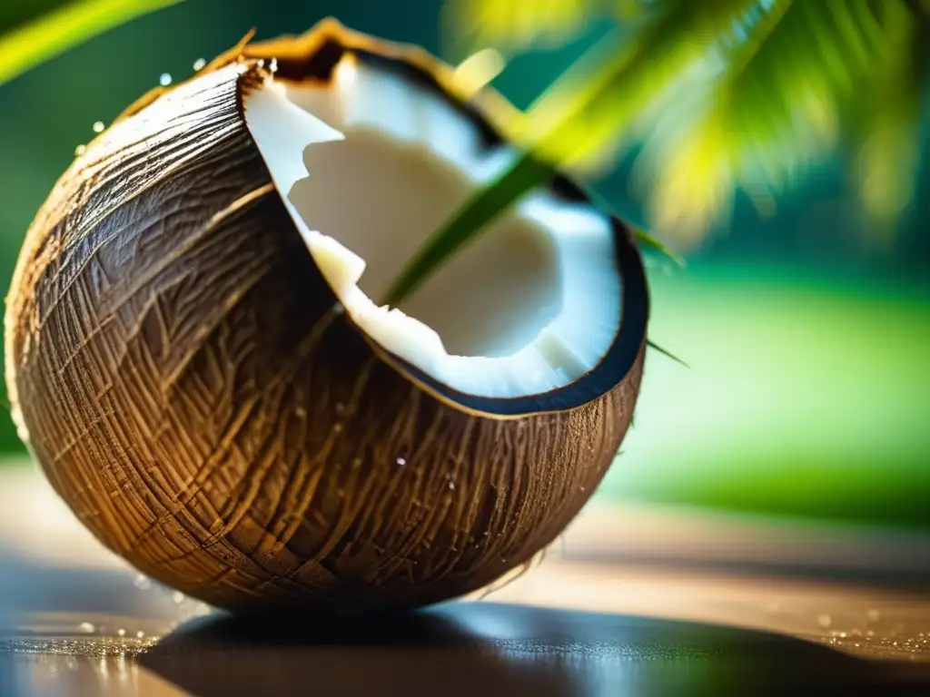 Un coco fresco y sin abrir con gotas de agua en su superficie texturizada, contrastando con el verdor de la vegetación. <b>Aceite de coco y colesterol.