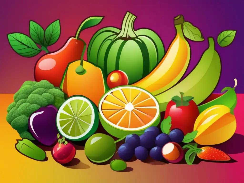 Una colorida ilustración detallada de frutas y verduras, transmitiendo frescura y abundancia. <b>Beneficios y desafíos dietas vegetarianas.