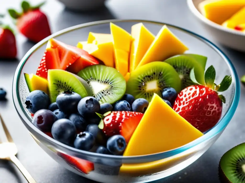 Una colorida ensalada de frutas con fresas, arándanos, kiwi, mango, chía y miel. <b>Perfecta para recetas de desayunos bajos en azúcar para diabéticos.