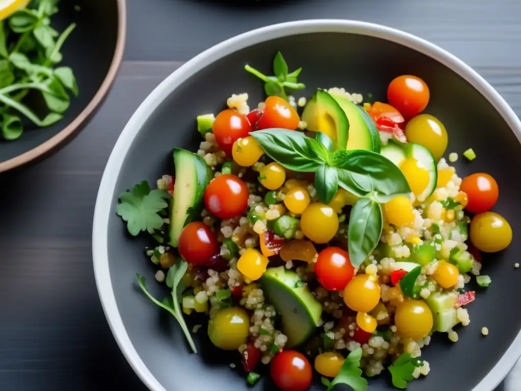 Una colorida ensalada de quinoa con tomates, pepino, aguacate y hierbas frescas en plato blanco sobre mesa de madera. Representa la fusión entre la inteligencia artificial y la alimentación saludable.