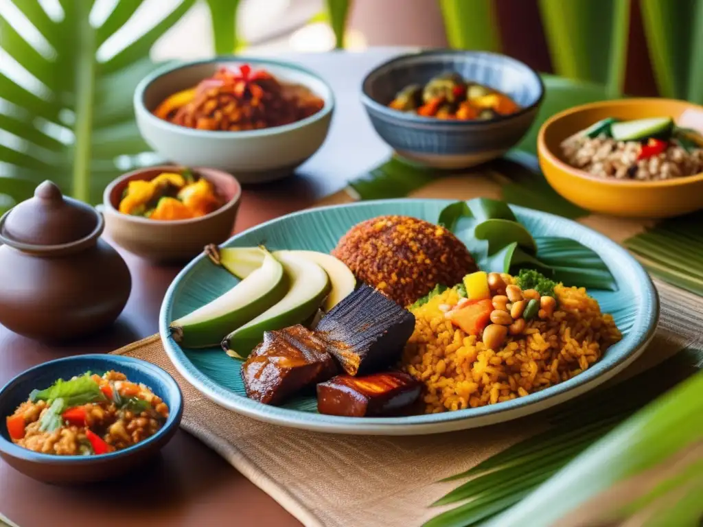 Una colorida y exquisita presentación de platos tradicionales de la gastronomía africana bajo la luz dorada del sol, evocando la dieta paleo.