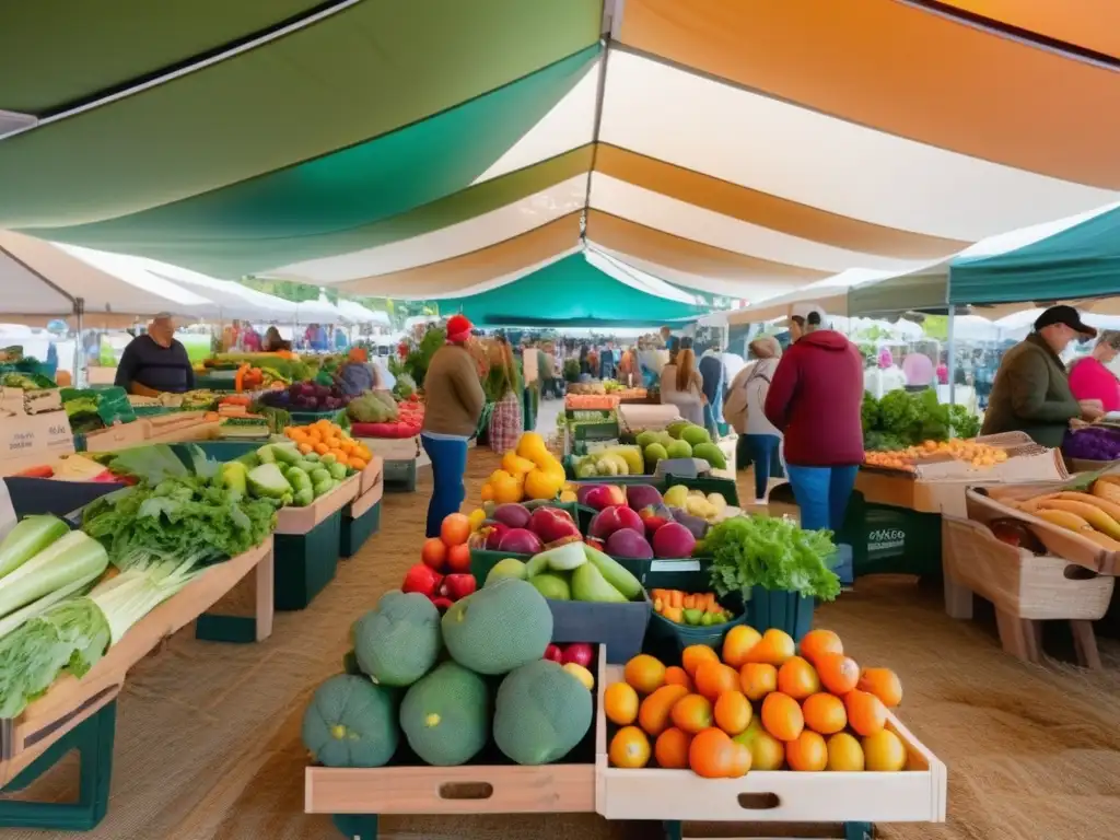 Una colorida feria de agricultores con alimentos orgánicos frescos, transmitiendo vitalidad y conexión con la salud.