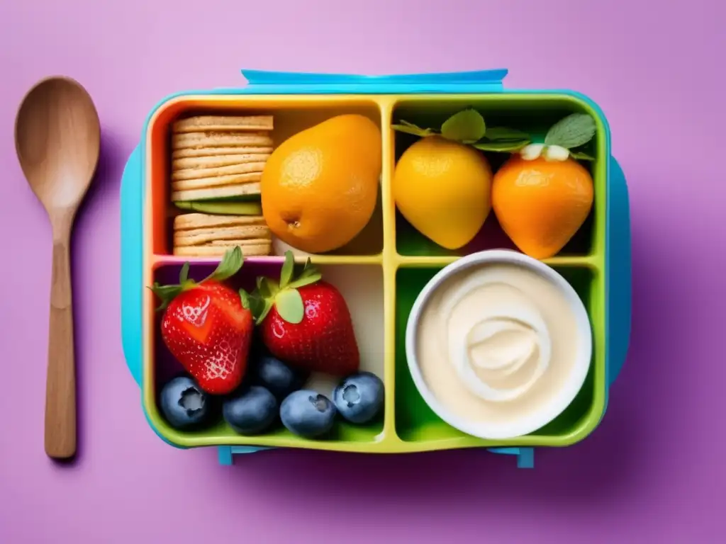 Una colorida lonchera escolar con snacks saludables para niños, sobre una mesa limpia y con luz natural. <b>¡Nutrición y frescura garantizadas!