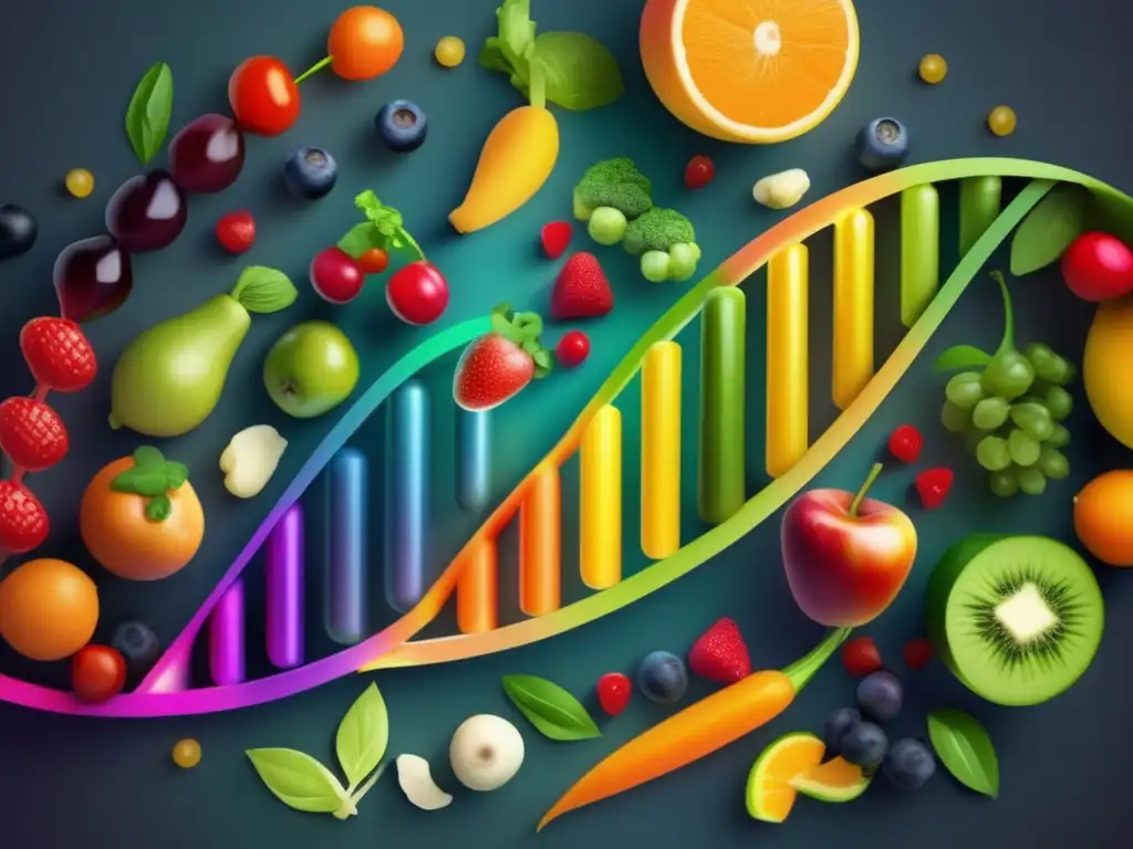 Un ADN colorido de frutas y verduras, representando nutrientes y genética para nutrición personalizada en un laboratorio científico.