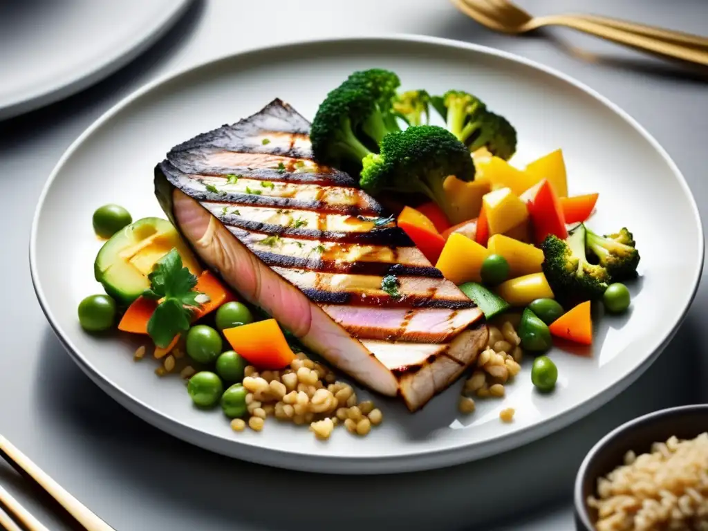 Una comida balanceada y colorida en un plato blanco, resalta la importancia de comprender etiquetas alimentos para una dieta saludable.