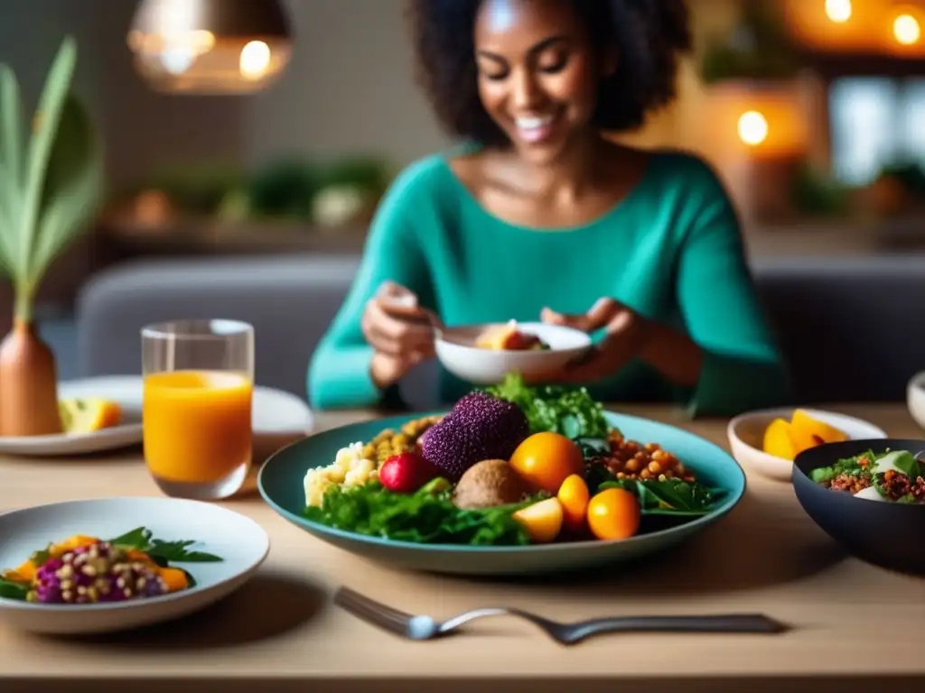 Disfrutando de una comida consciente y saludable en un ambiente tranquilo y acogedor. <b>Masticación consciente para una alimentación saludable.