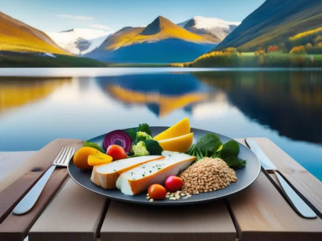 Una comida de la Dieta Nórdica beneficios saludables en una mesa de madera, con paisaje nórdico de fondo. La luz natural realza los colores vibrantes.