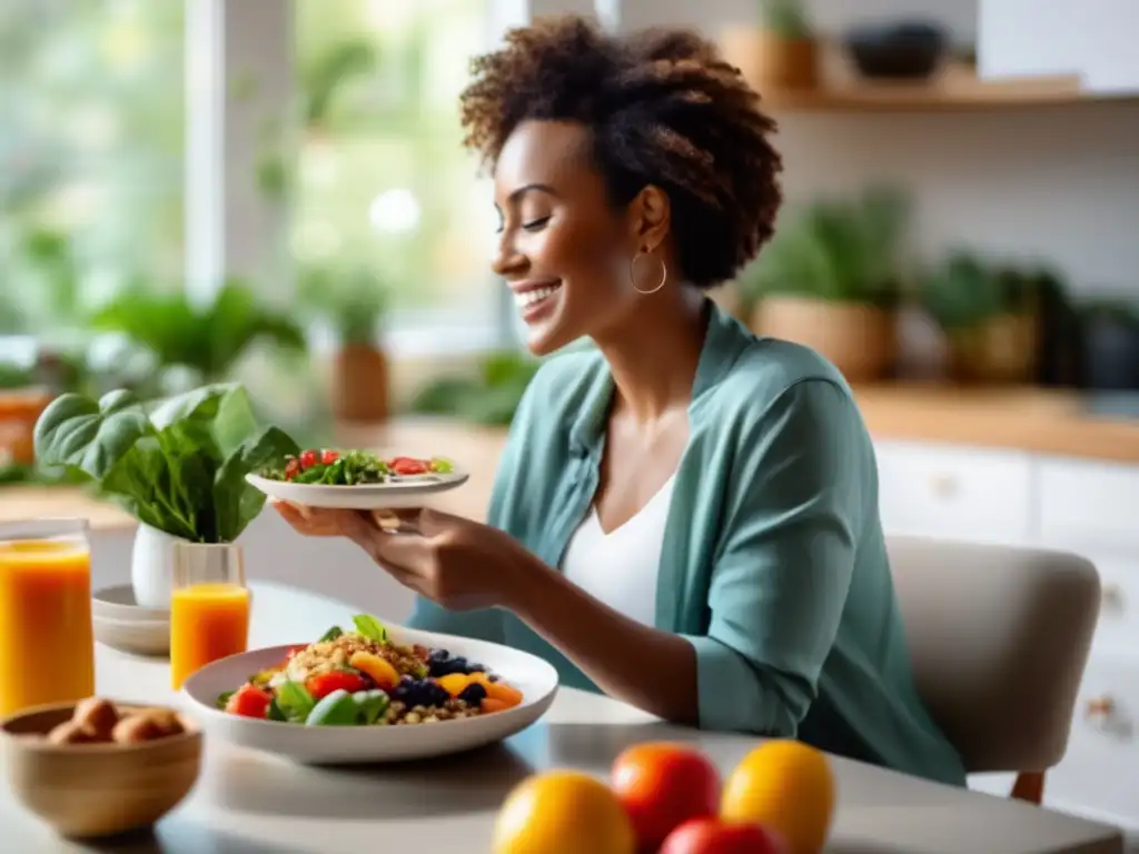 Disfrutando de una comida saludable y colorida en un ambiente tranquilo y luminoso, practicando la identificación de señales de hambre emocional.