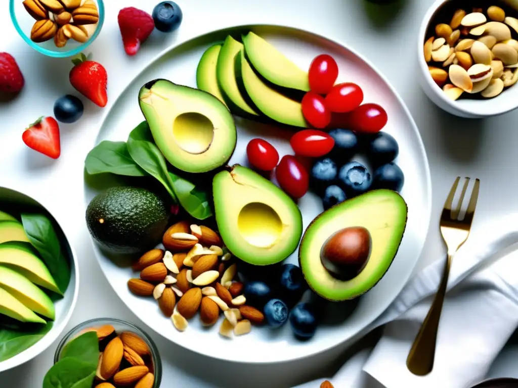 Una comida saludable y colorida en un plato blanco, con ingredientes para dieta antiinflamatoria para salud cardiovascular.