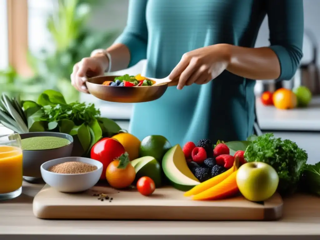 Preparando una comida saludable y equilibrada después del ayuno, resaltando los beneficios del ayuno intermitente en un ambiente acogedor y nutritivo.