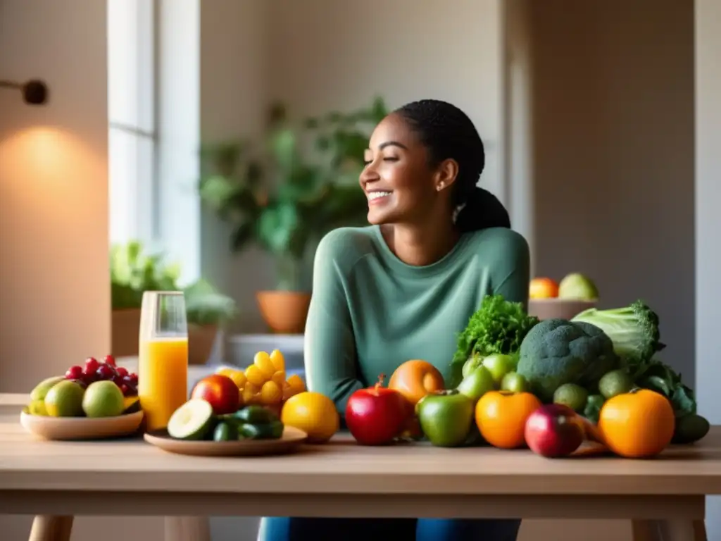 Disfrutando de una comida saludable rodeado de frutas y verduras, transmitiendo serenidad y bienestar con alimentos para combatir la depresión.