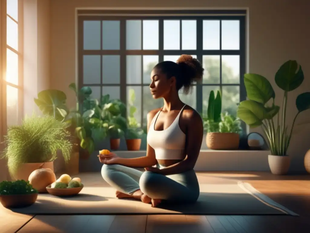 Disfrutando de una comida tranquila en un ambiente sereno, con beneficios del ayuno intermitente para equilibrio emocional.