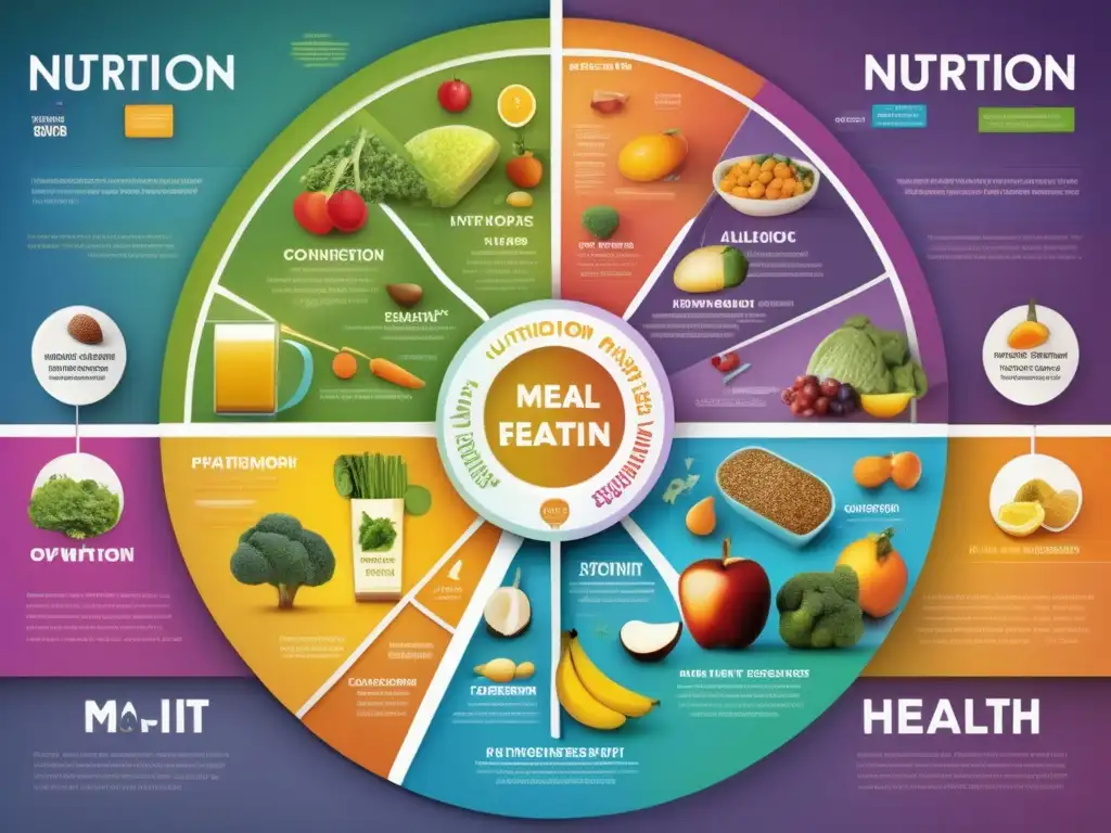 Un complejo y detallado mapa conceptual de nutrición y alimentación saludable en 8k, con colores vibrantes y diseño moderno.