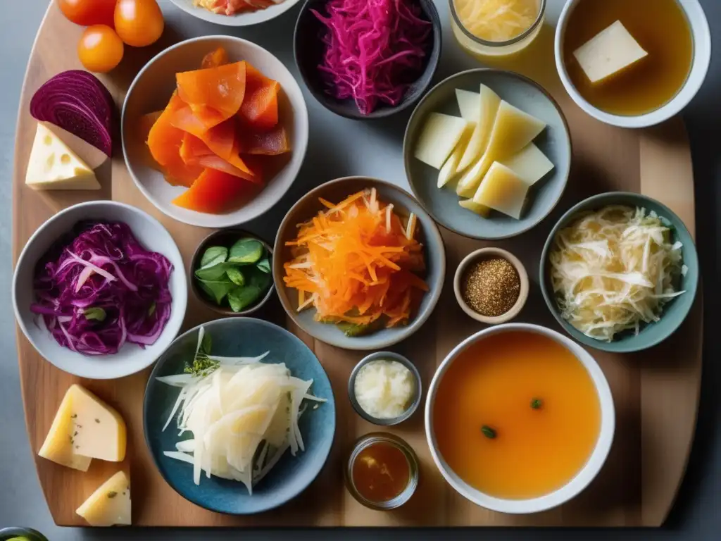 Una composición de alimentos fermentados con colores vibrantes y texturas variadas, resaltando los beneficios para la salud.