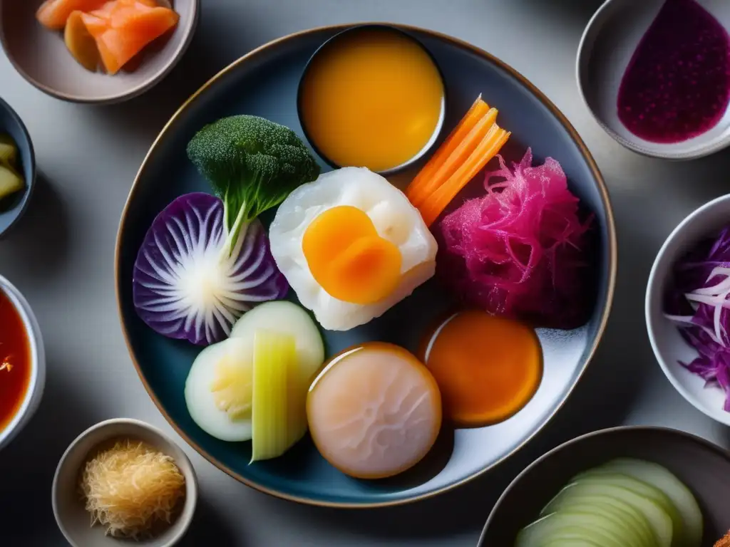Una composición artística de alimentos fermentados, resaltando beneficios para la salud intestinal.