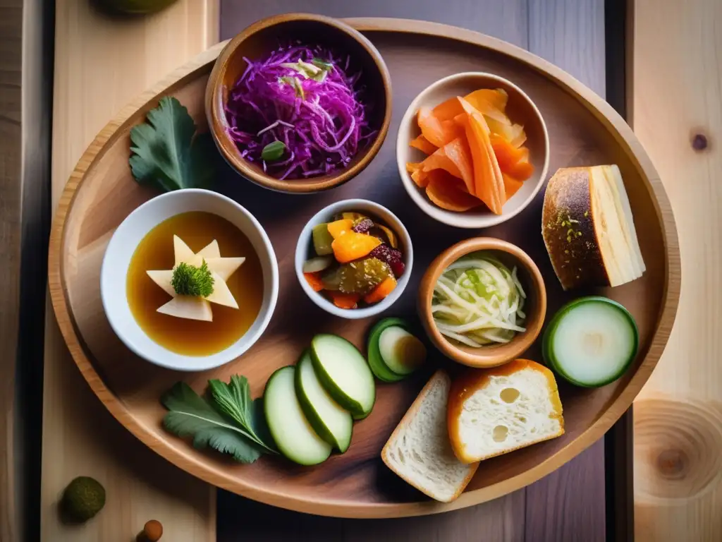Una composición artística de alimentos fermentados sostenibles resalta sus colores vibrantes y texturas, evocando la conexión con la naturaleza.