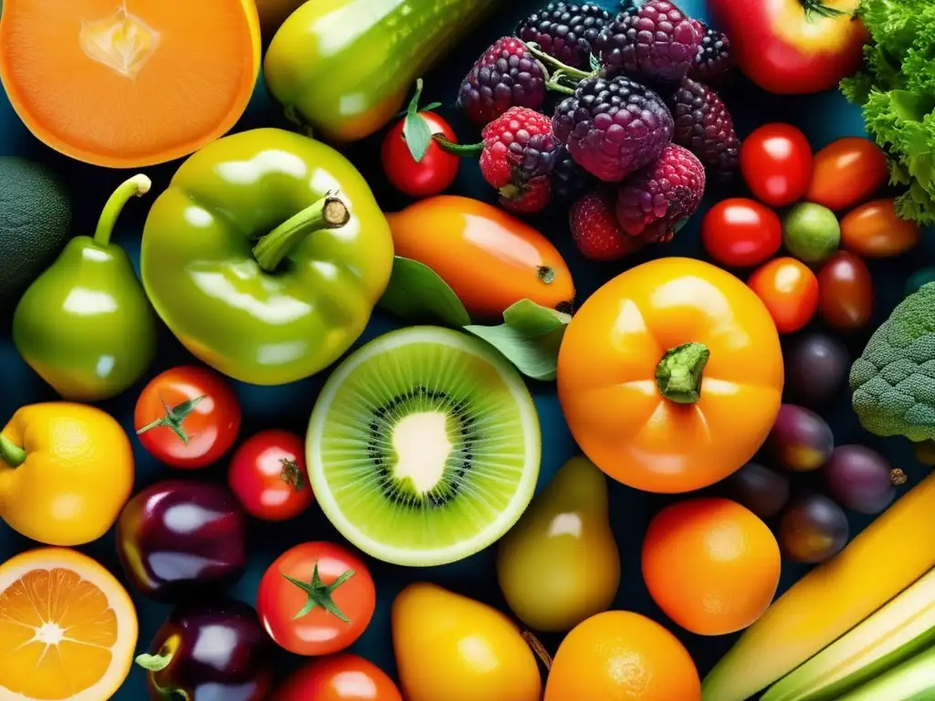 Una composición artística y colorida de frutas y verduras, resaltando su importancia para la nutrición, la salud, la piel y el cabello.