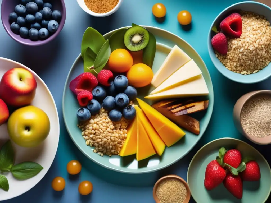 Una composición artística de comida colorida y balanceada, que refleja la relación entre patrones alimenticios y emociones.