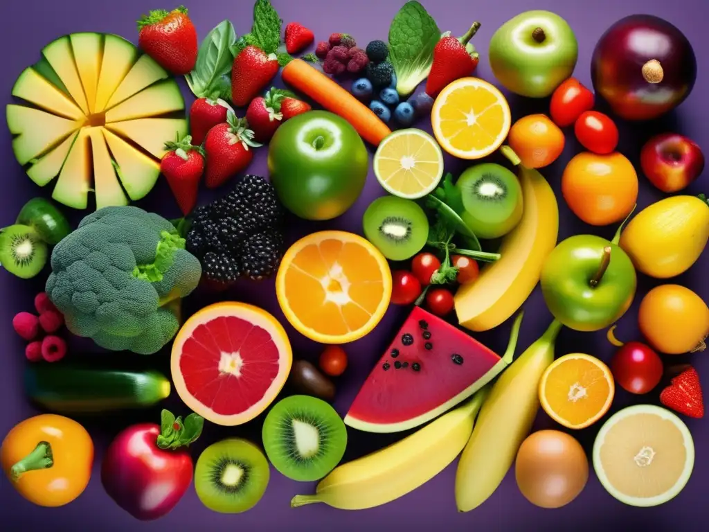 Una composición artística de frutas y verduras, resaltando la diversidad de nutrientes para la microbiota. <b>Beneficios de suplementos para microbiota.