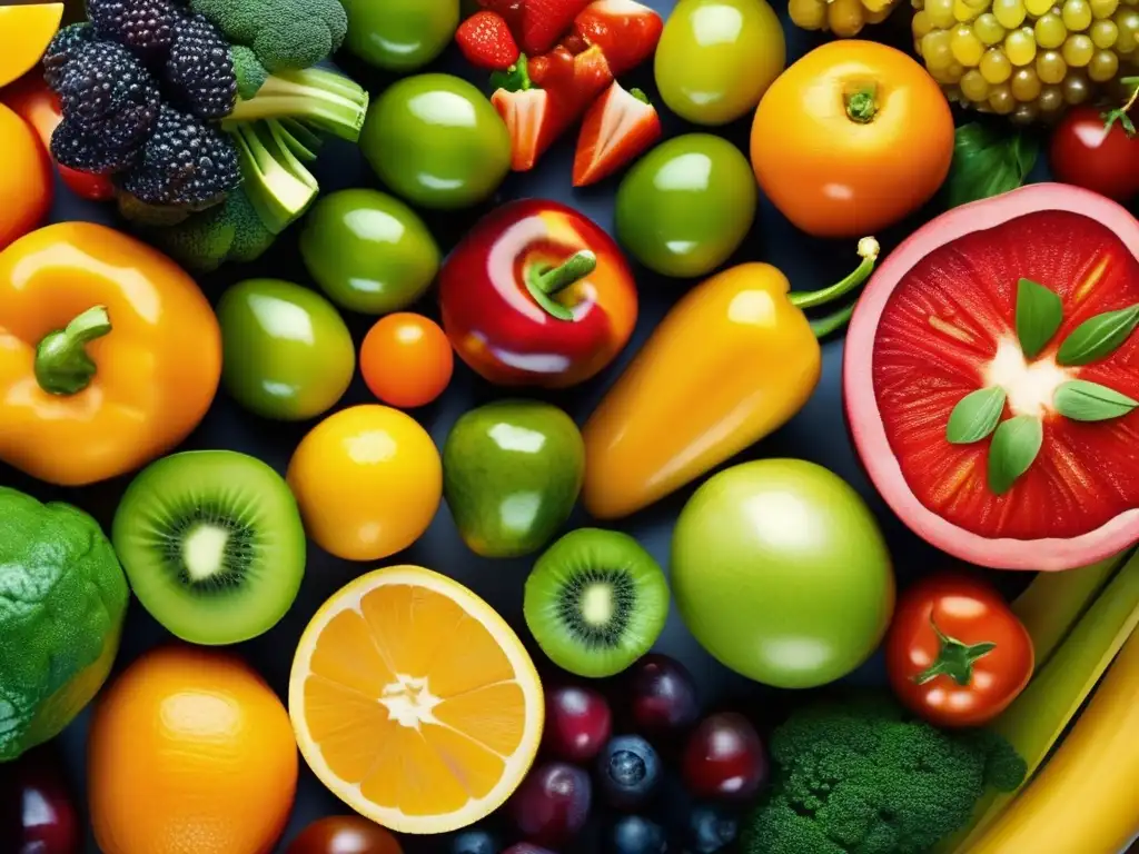 Una composición artística de frutas y verduras frescas, detalladas y vibrantes, resaltando la importancia de la fibra en enfermedades.