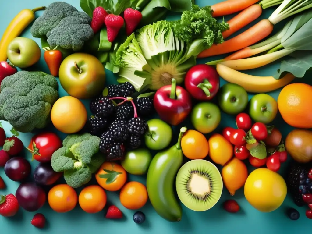 Una composición artística de frutas y verduras frescas, vibrantes y coloridas, para las Guías alimentarias para una vida saludable.