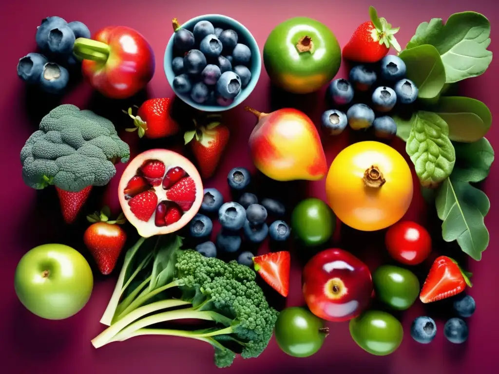 Una composición artística de frutas y verduras antioxidantes, con detalles vibrantes y frescura, ideal para combatir el envejecimiento.