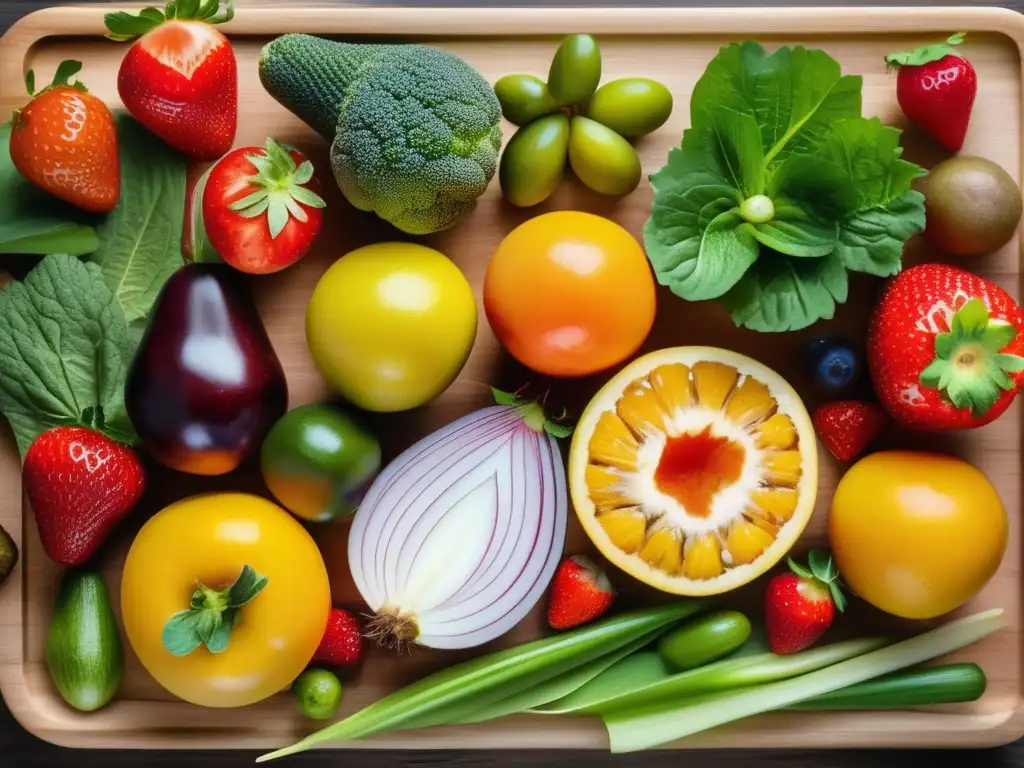 Una composición artística de frutas y verduras coloridas en una tabla de cortar de madera. La luz suave realza la diversidad de alimentos ricos en fibra para la prevención de enfermedades cardiovasculares.