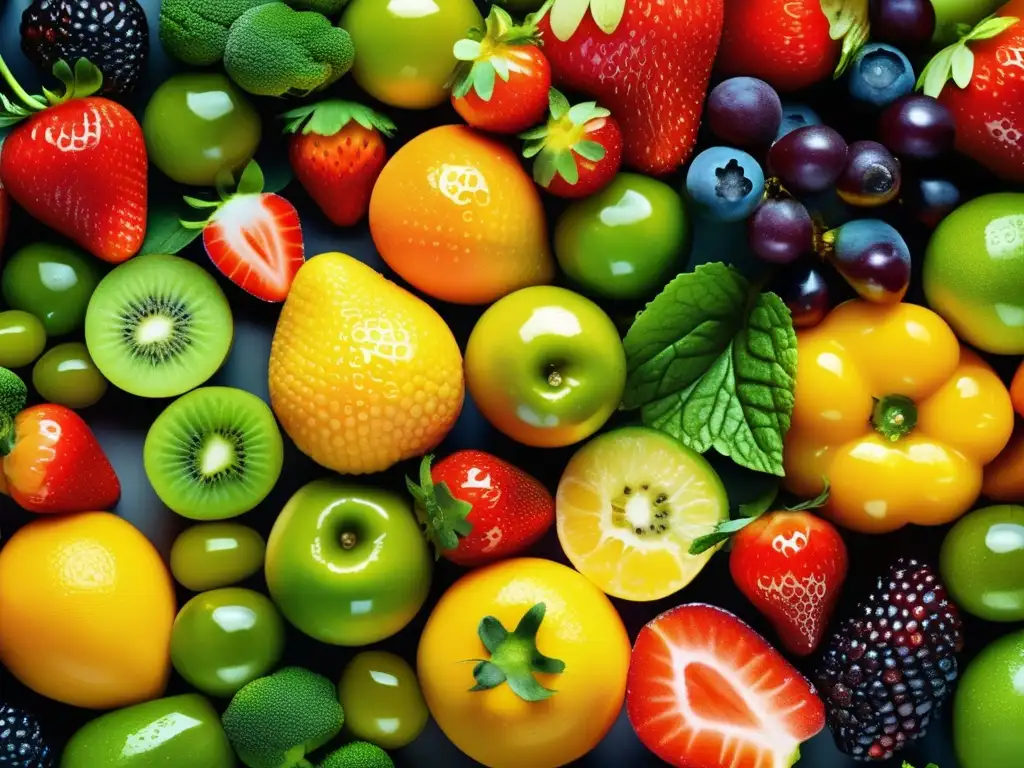 Exquisita variedad de frutas y verduras frescas en alta resolución