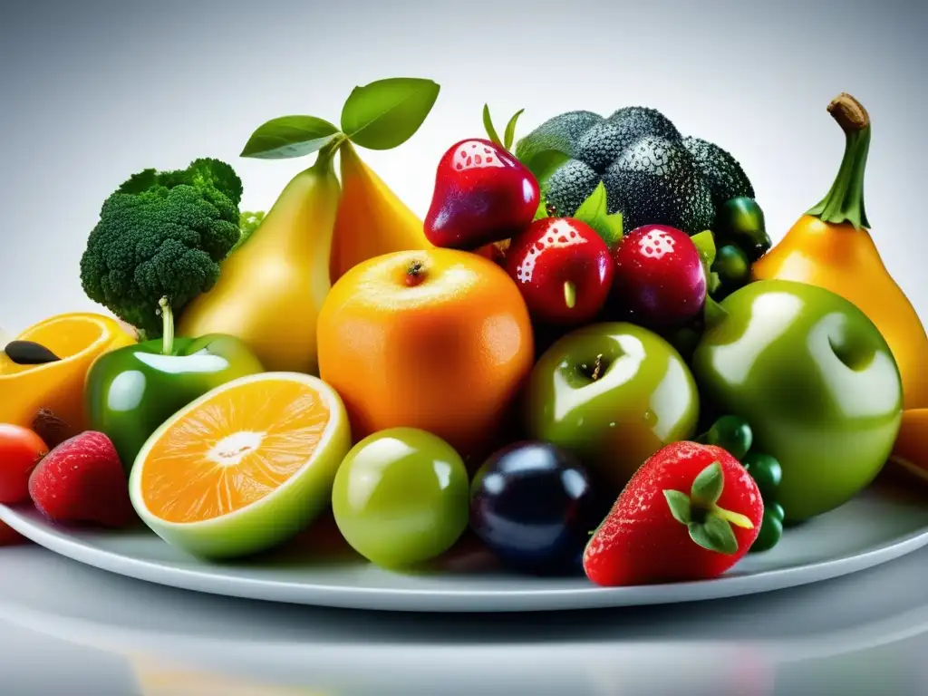 Una composición artística de frutas y verduras frescas y coloridas con beneficios omega 3 para dieta antiinflamatoria, goteando agua y brillo natural.