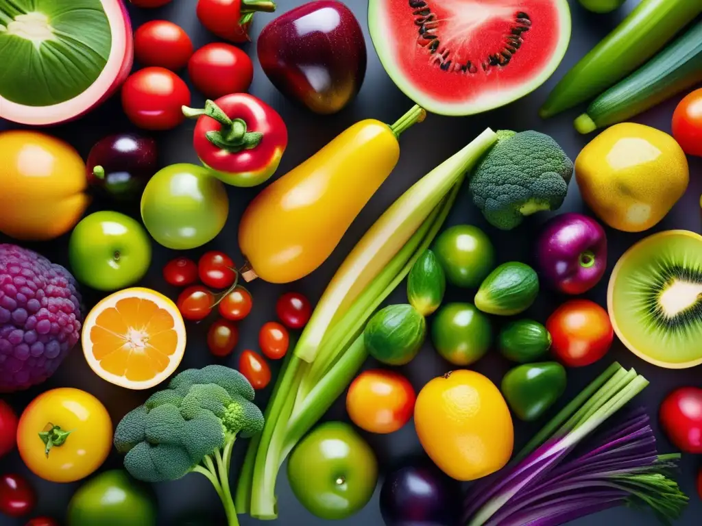 Una composición artística impactante de frutas y verduras frescas, vibrantes en colores y texturas, evocando vitalidad y salud en dietas modernas.