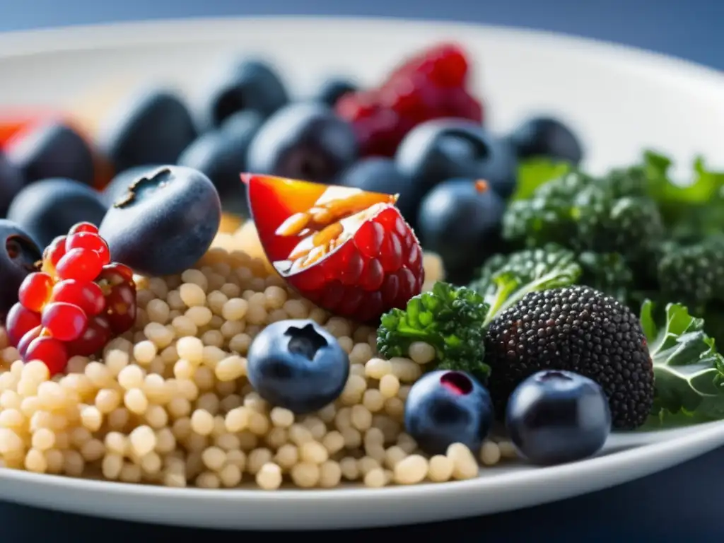 Una composición artística de superalimentos para mejorar rendimiento deportivo, despliega vitalidad y color.