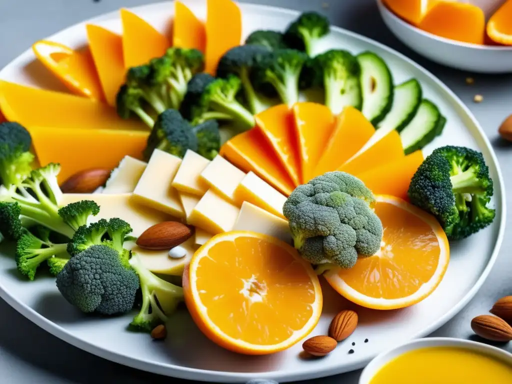 Una composición visualmente atractiva de alimentos ricos en calcio para niños, con vibrantes naranjas, brócoli, queso, almendras y semillas de chía.