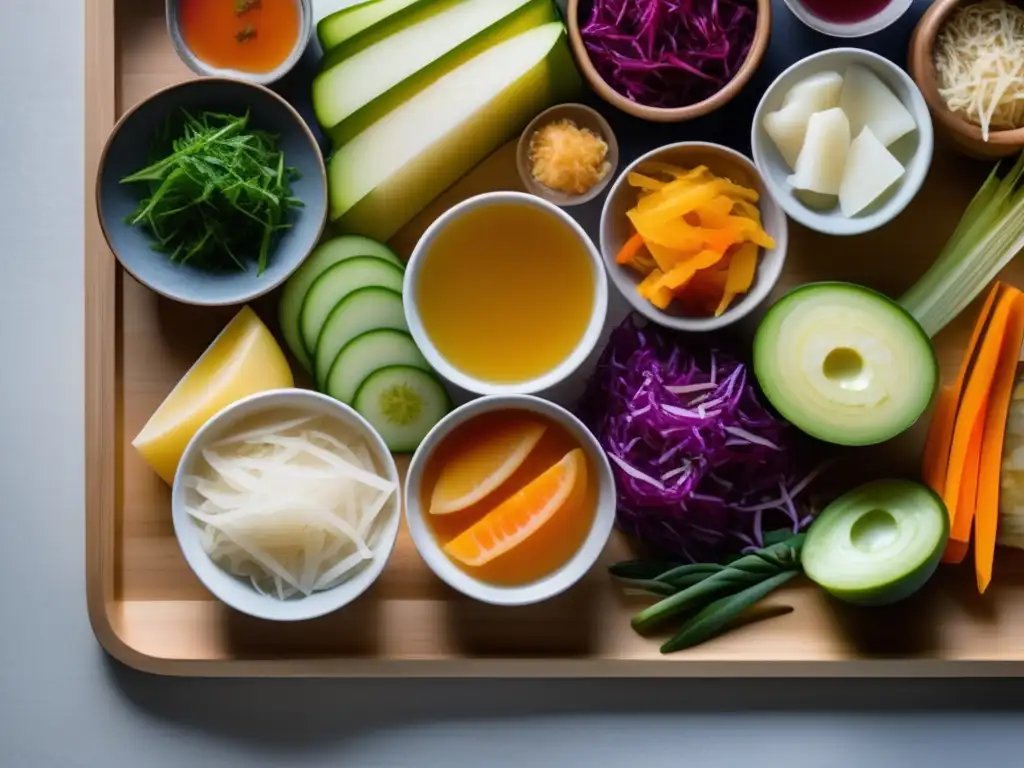 Una composición colorida de alimentos fermentados en un tablero minimalista, resaltando los beneficios para la microbiota.