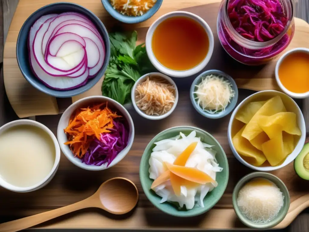 Una composición colorida de alimentos fermentados en un tablero de madera, resaltando los beneficios para la salud intestinal.