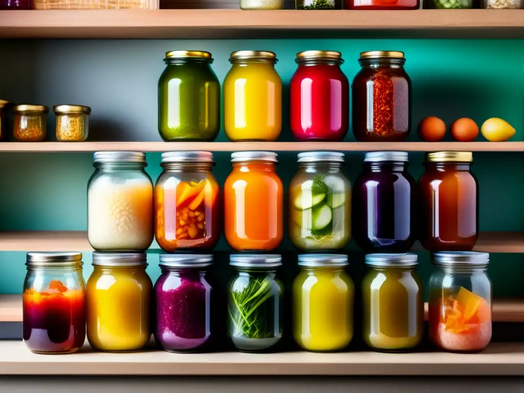 Una composición colorida y artística de alimentos fermentados, resaltando los beneficios de la alimentación saludable con fermentados.