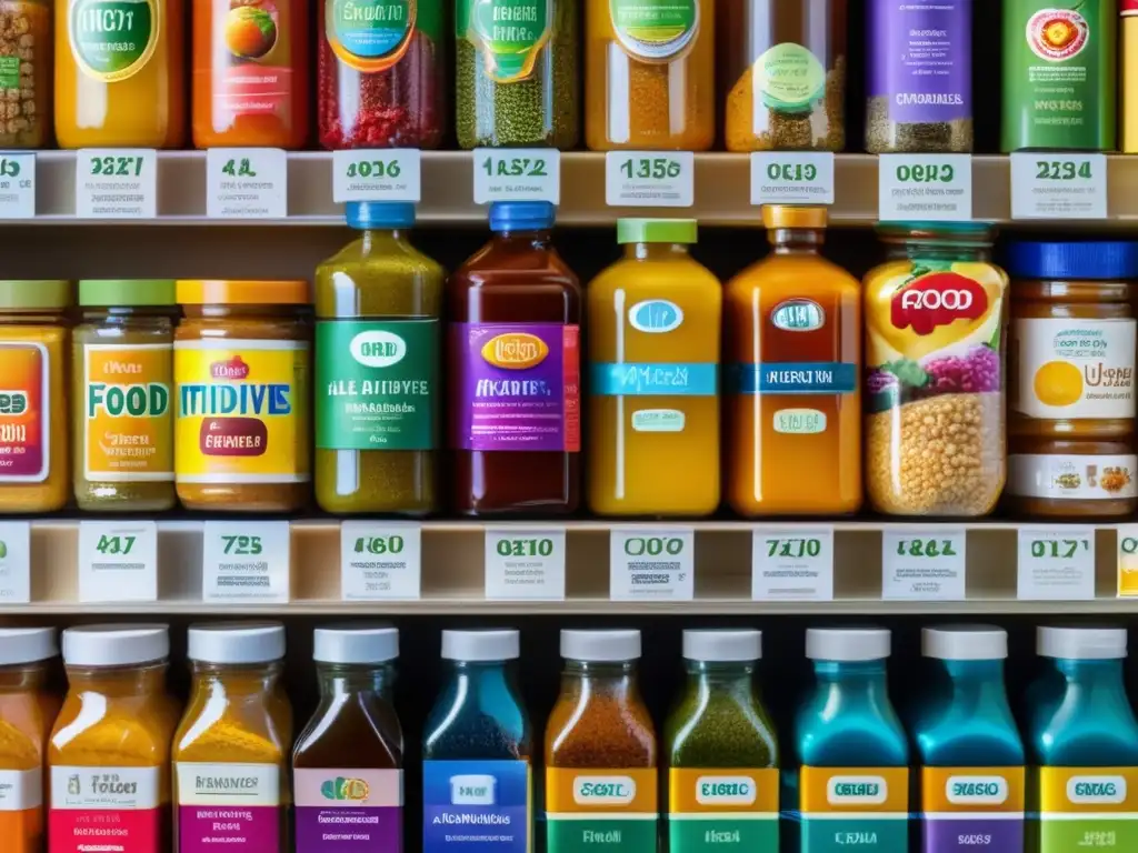 Una composición detallada de alimentos con colores vibrantes y patrones intrincados, muestra el impacto de los aditivos alimentarios en la producción moderna.