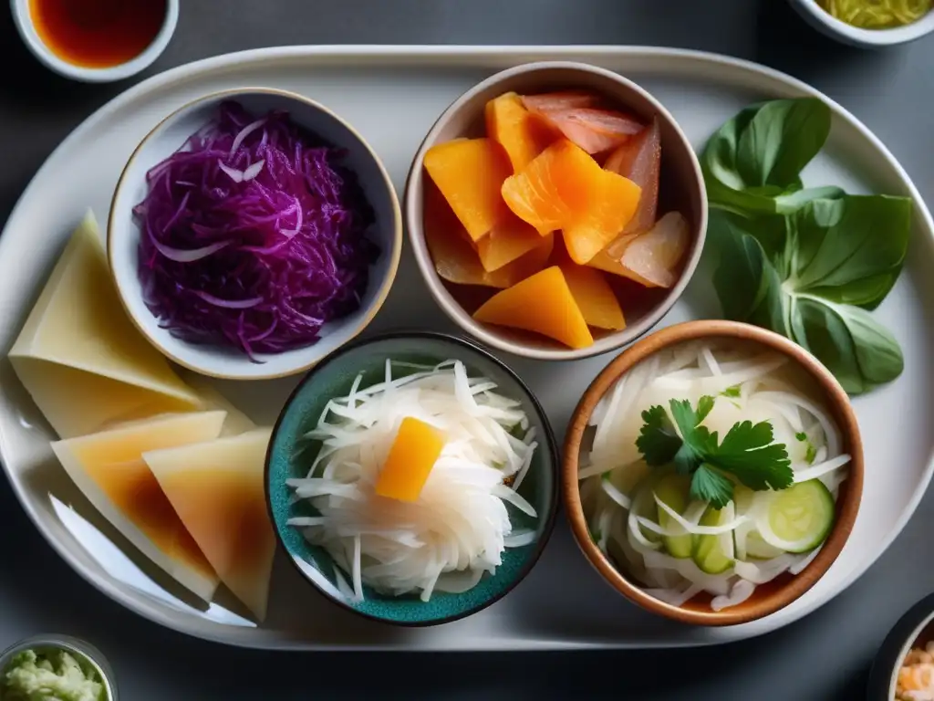 Una composición detallada de alimentos fermentados como kimchi, chucrut, kefir y kombucha en una elegante bandeja. <b>Resalta la diversidad y belleza natural de estos alimentos para la salud intestinal.