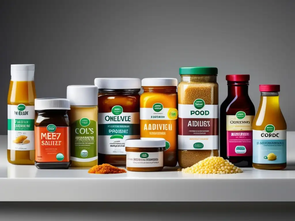 Una composición detallada de alimentos en un moderno mostrador blanco, resaltando la prevalencia de aditivos en productos alimenticios, promoviendo la idea de alimentos limpios reduciendo aditivos.