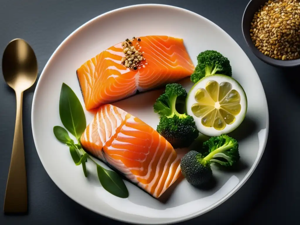 Una composición detallada de alimentos ricos en omega 3 sobre un elegante plato blanco, destacando los beneficios del Omega 3 para la salud.