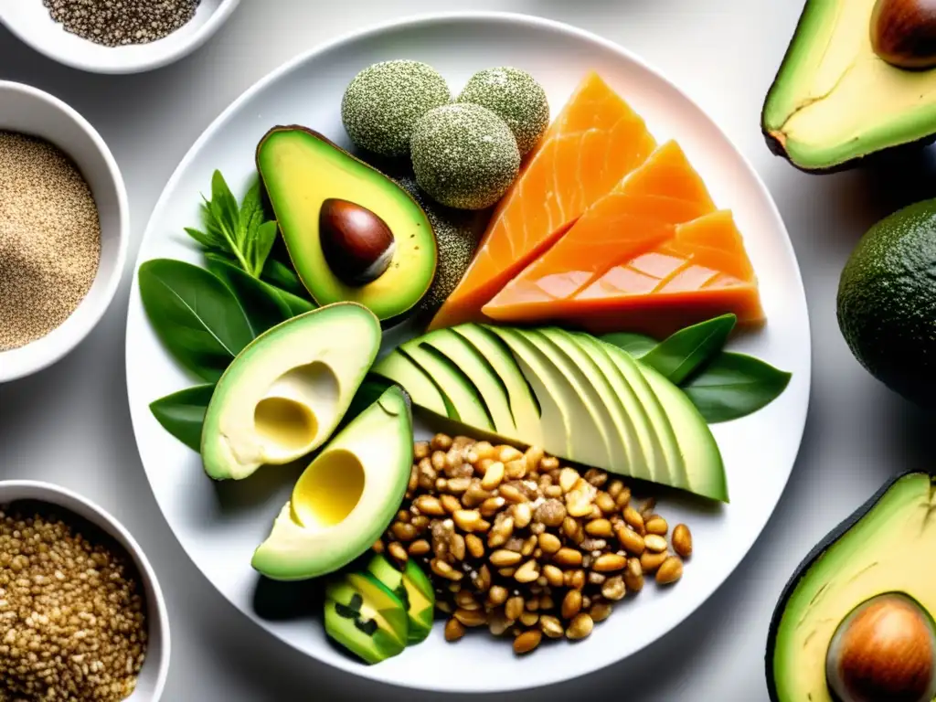 Una composición detallada de alimentos veganos ricos en omega 3 sobre un plato blanco moderno. Destacan las verduras verdes, semillas de lino, chía, nueces, semillas de cáñamo y aguacates, mostrando las diversas fuentes de ácidos grasos omega 3 en la dieta