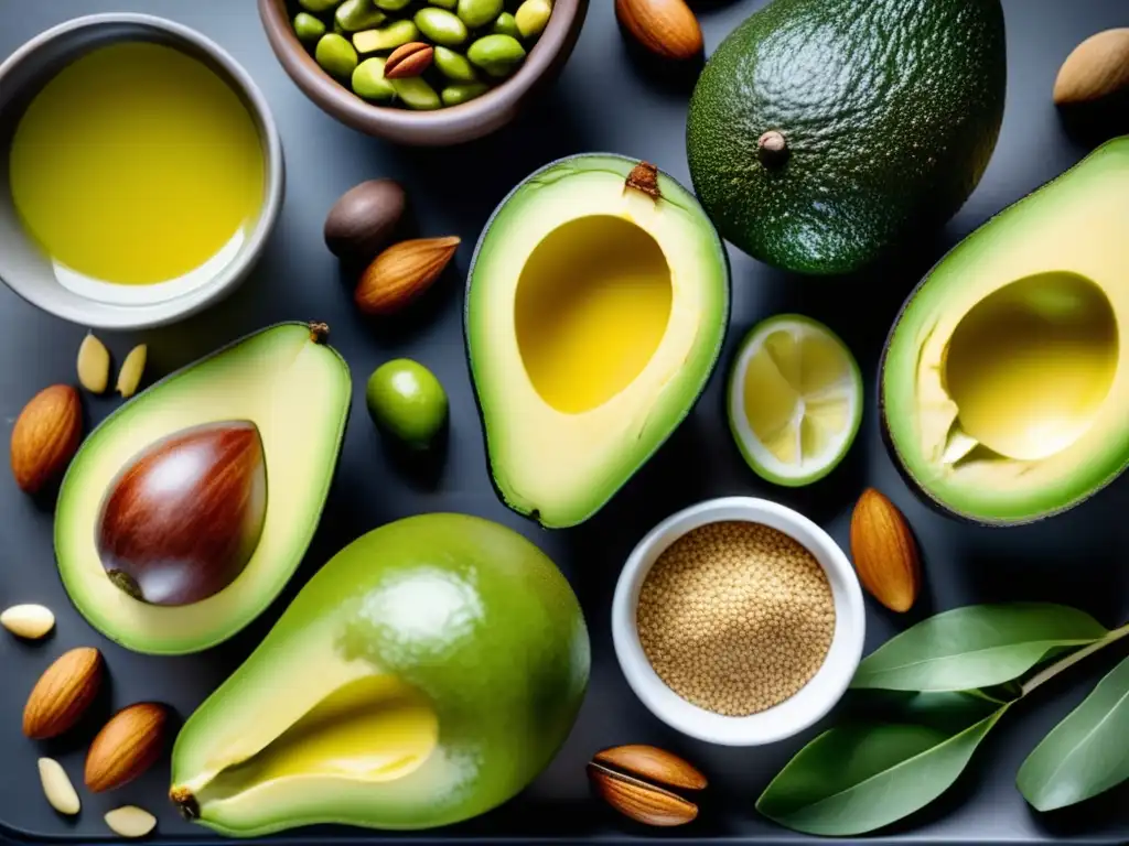 Una composición exquisita de grasas saludables para una vida saludable: aguacates, aceite de oliva, frutos secos y semillas sobre una tabla moderna.