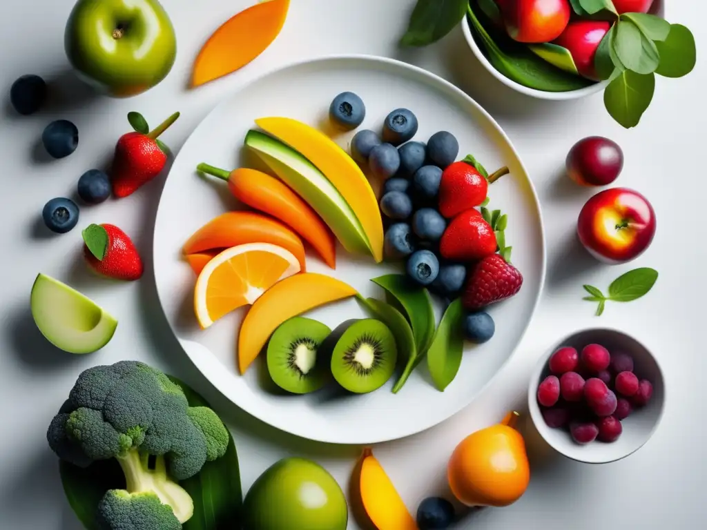 Una composición fresca y moderna de frutas, verduras y proteínas, evocando vitalidad y salud. <b>Beneficios del flexitarianismo para la salud.