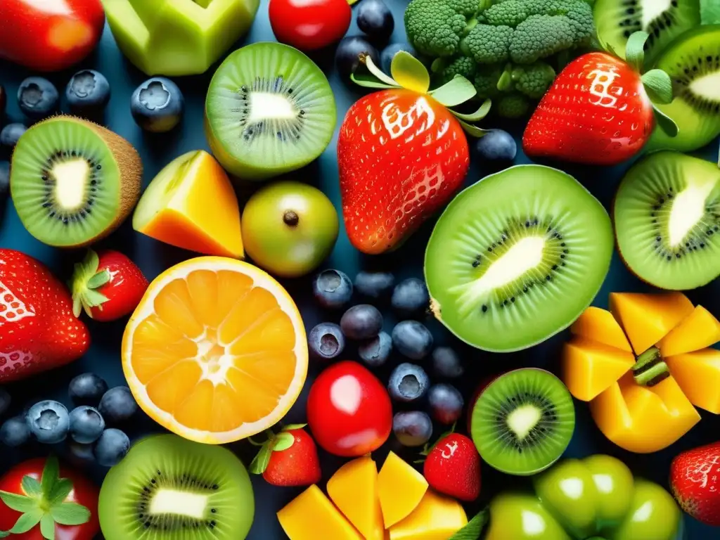 Una composición de frutas y verduras coloridas y frescas en un patrón moderno, resaltando los beneficios de los alimentos funcionales.