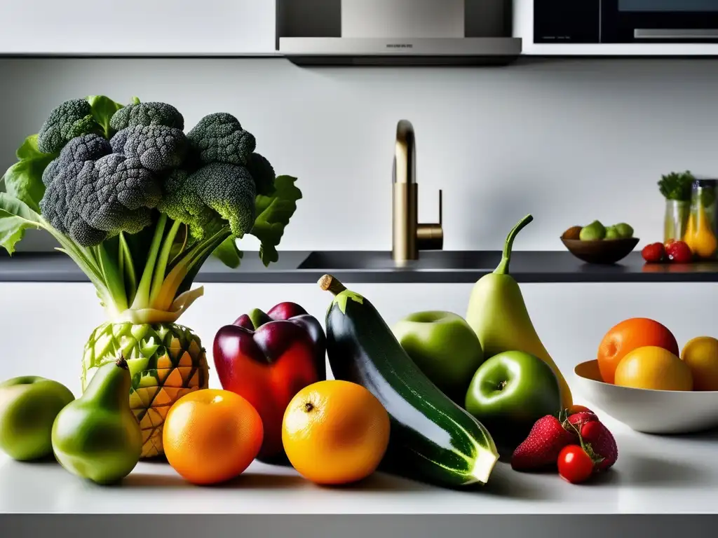 Una composición de frutas y verduras frescas en una cocina moderna. La luz natural realza los colores y texturas, transmitiendo frescura y vitalidad. <b>Conservación de alimentos naturales innovadora.